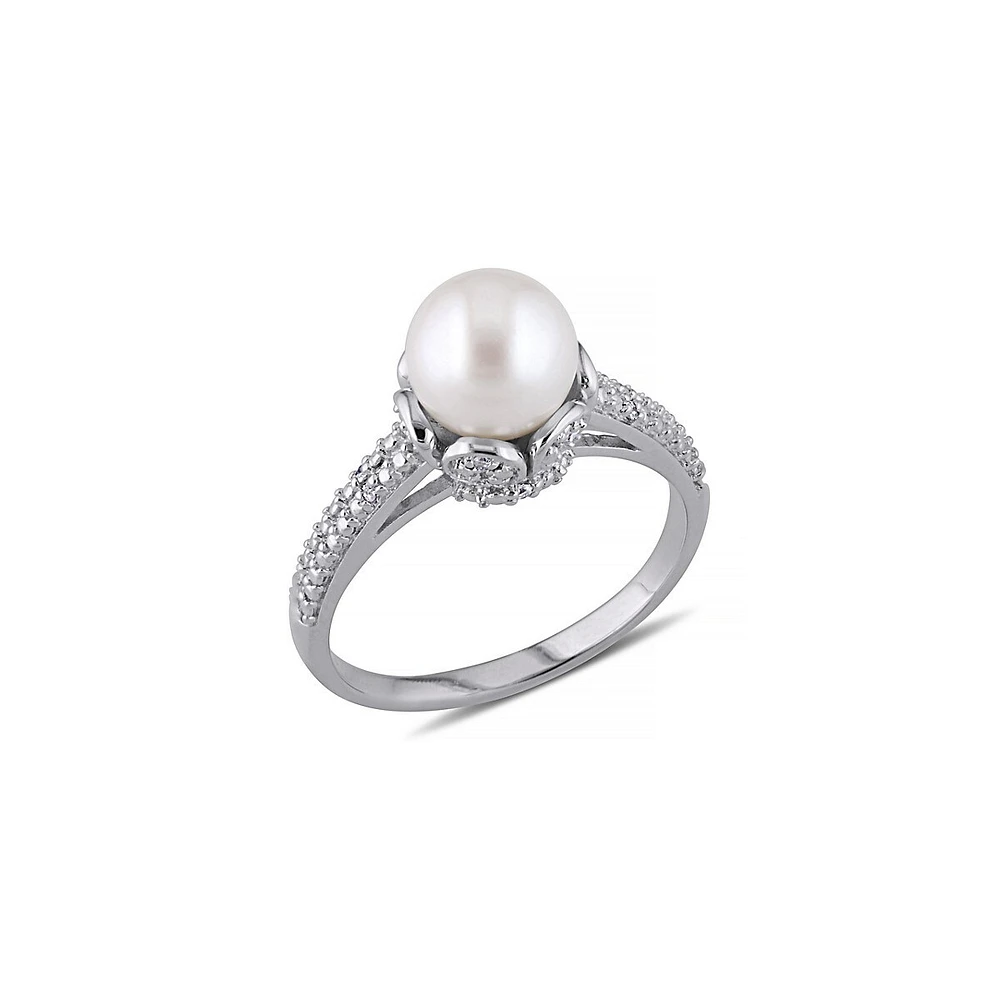 8-8.5mm White Round Freshwater Pearl and Sterling Silver Ring with 0.05 CT. T.W. Diamonds