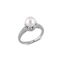 8-8.5mm White Round Freshwater Pearl and Sterling Silver Ring with 0.05 CT. T.W. Diamonds