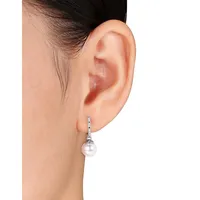 9-9.5mm White Round Freshwater Pearl and Sterling Silver Drop Earrings with 0.04 CT. T.W. Diamond