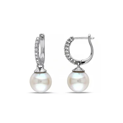 9-9.5mm White Round Freshwater Pearl and Sterling Silver Drop Earrings with 0.04 CT. T.W. Diamond