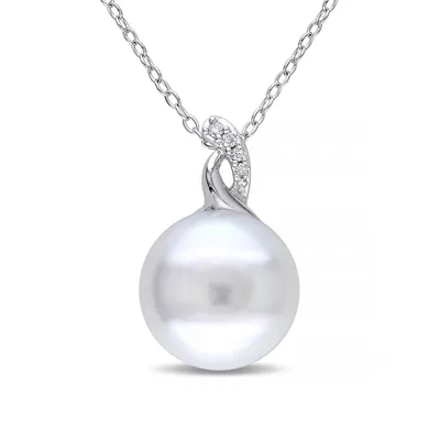 12-12.5mm White Button Pearl and Sterling Silver Twist Necklace with 0.03 CT. T.W. Diamonds