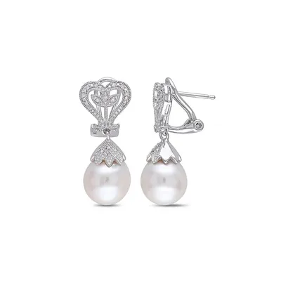 10-10.5mm White Rice Freshwater Pearl and Sterling Silver Drop Earrings with 0.06 CT. T.W. Diamonds