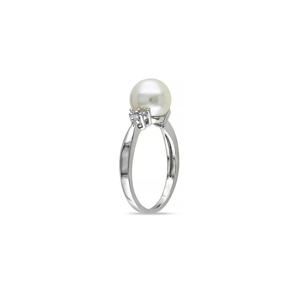 8mm-8.5mm White Round Freshwater Pearl and Sterling Silver Ring with 0.12 CT. T.W. Diamonds