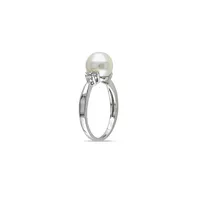 8mm-8.5mm White Round Freshwater Pearl and Sterling Silver Ring with 0.12 CT. T.W. Diamonds