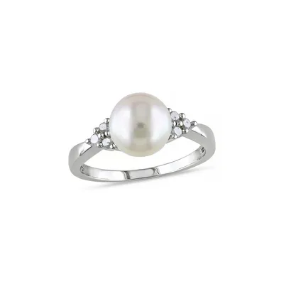 8mm-8.5mm White Round Freshwater Pearl and Sterling Silver Ring with 0.12 CT. T.W. Diamonds