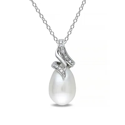 9-9.5mm White Rice Freshwater Pearl and Sterling Silver Swirl Necklace with 0.04 CT. T.W. Diamonds