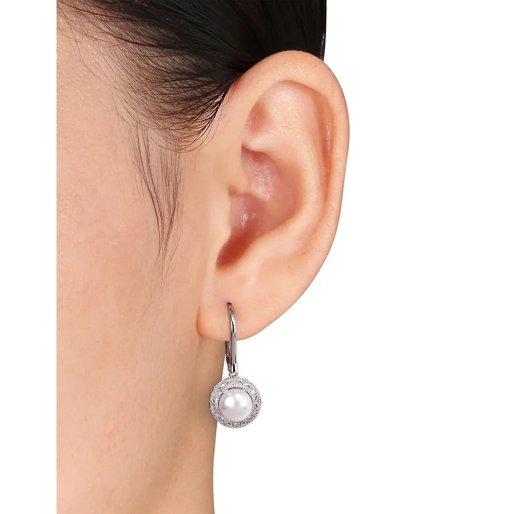 7.5-8mm White Button Freshwater Pearl and Sterling Silver Halo Earrings with 0.05 CT. T.W. Diamonds