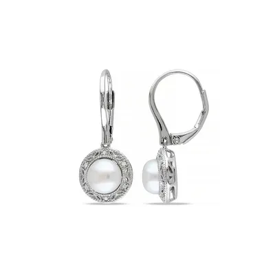 7.5-8mm White Button Freshwater Pearl and Sterling Silver Halo Earrings with 0.05 CT. T.W. Diamonds