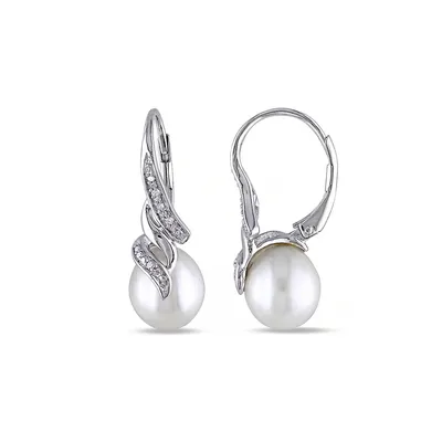 9-9.5mm White Rice Freshwater Pearl and Sterling Silver Earrings with 0.05 CT. T.W. Diamonds