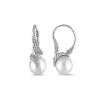 9-9.5mm White Rice Freshwater Pearl and Sterling Silver Earrings with 0.05 CT. T.W. Diamonds