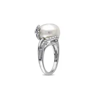 12-12.5mm White Button Freshwater Pearl and Sterling Silver Petal Ring with 0.05 CT. T.W. Diamonds