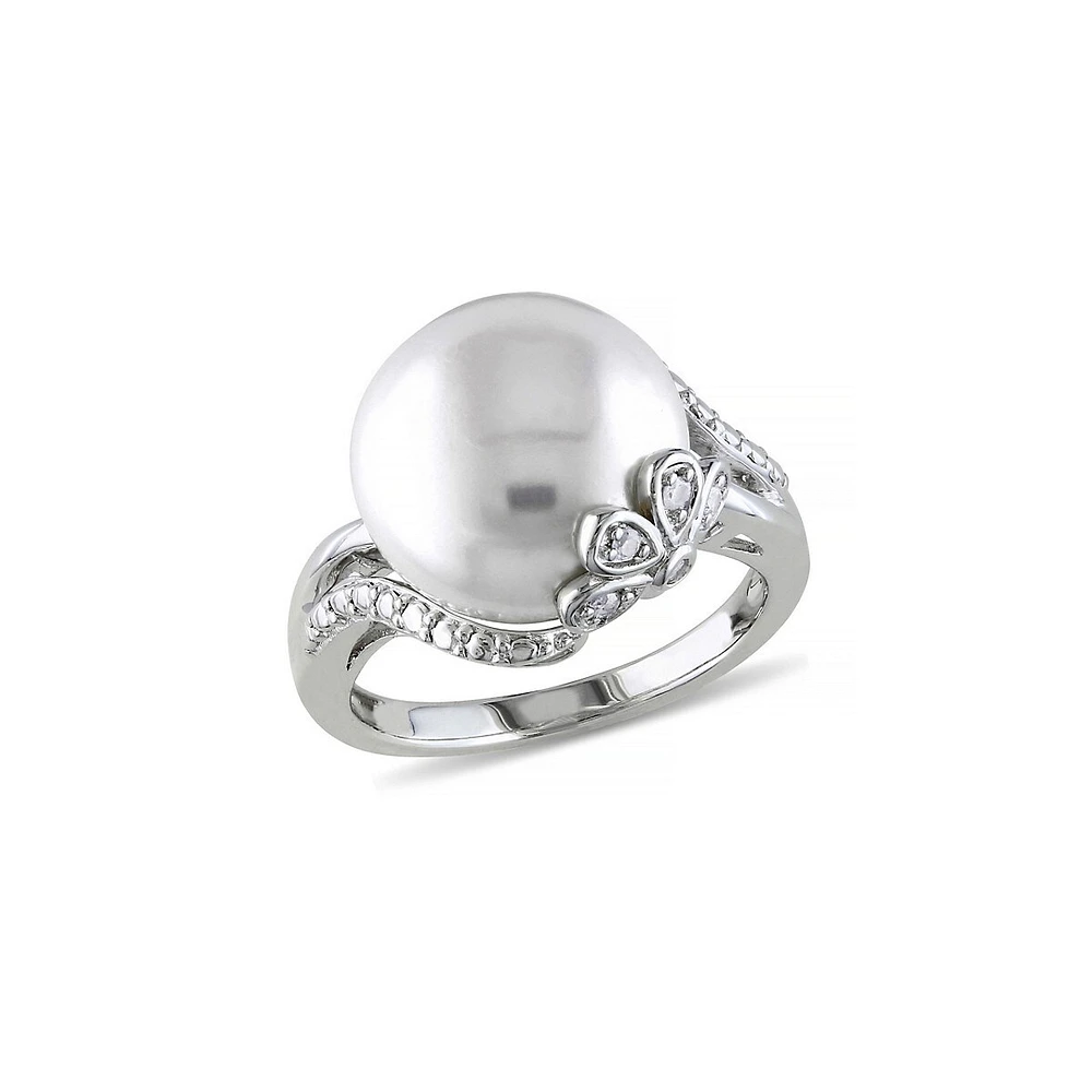 12-12.5mm White Button Freshwater Pearl and Sterling Silver Petal Ring with 0.05 CT. T.W. Diamonds