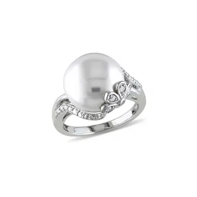 Bague en pétale argent sterling avec diamants 0,05 ct PT et perle d'eau douce