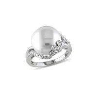 12-12.5mm White Button Freshwater Pearl and Sterling Silver Petal Ring with 0.05 CT. T.W. Diamonds