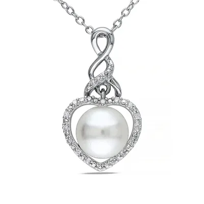 8-5mm White Button Freshwater Pearl and Sterling Silver Heart Necklace 0.07 CT. T.W. Diamonds