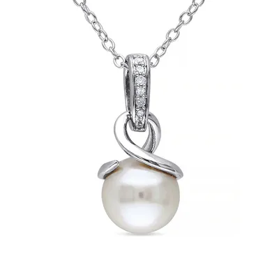 8-8.5mm White Round Freshwater Pearl and Sterling Silver Drop Necklace with 0.03 CT. T.W. Diamonds