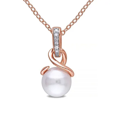 8-8.5mm White Round Freshwater Pearl and Pink-Plated Sterling Silver Drop Necklace with 0.03 CT. T.W. Diamonds