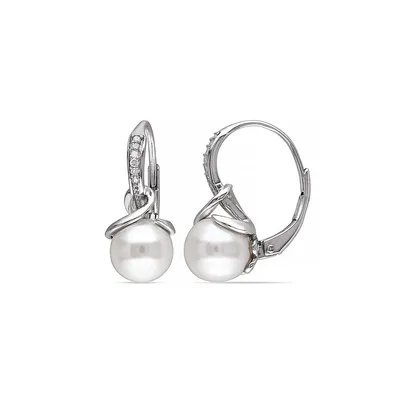 8-8.5mm White Round Freshwater Pearl and Sterling Silver Earrings with 0.06 CT. T.W. Diamonds