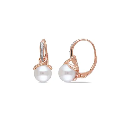 8-8.5mm White Round Freshwater Pearl and Pink-Plated Sterling Silver Earrings with 0.06 CT. T.W. Diamonds