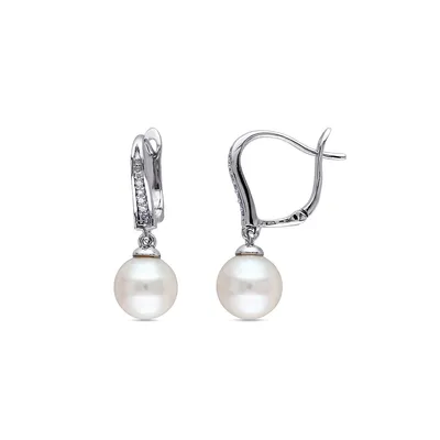 8-8.5mm White Round Freshwater Pearl and Sterling Silver Drop Earrings with 0.05 CT. T.W. Diamonds