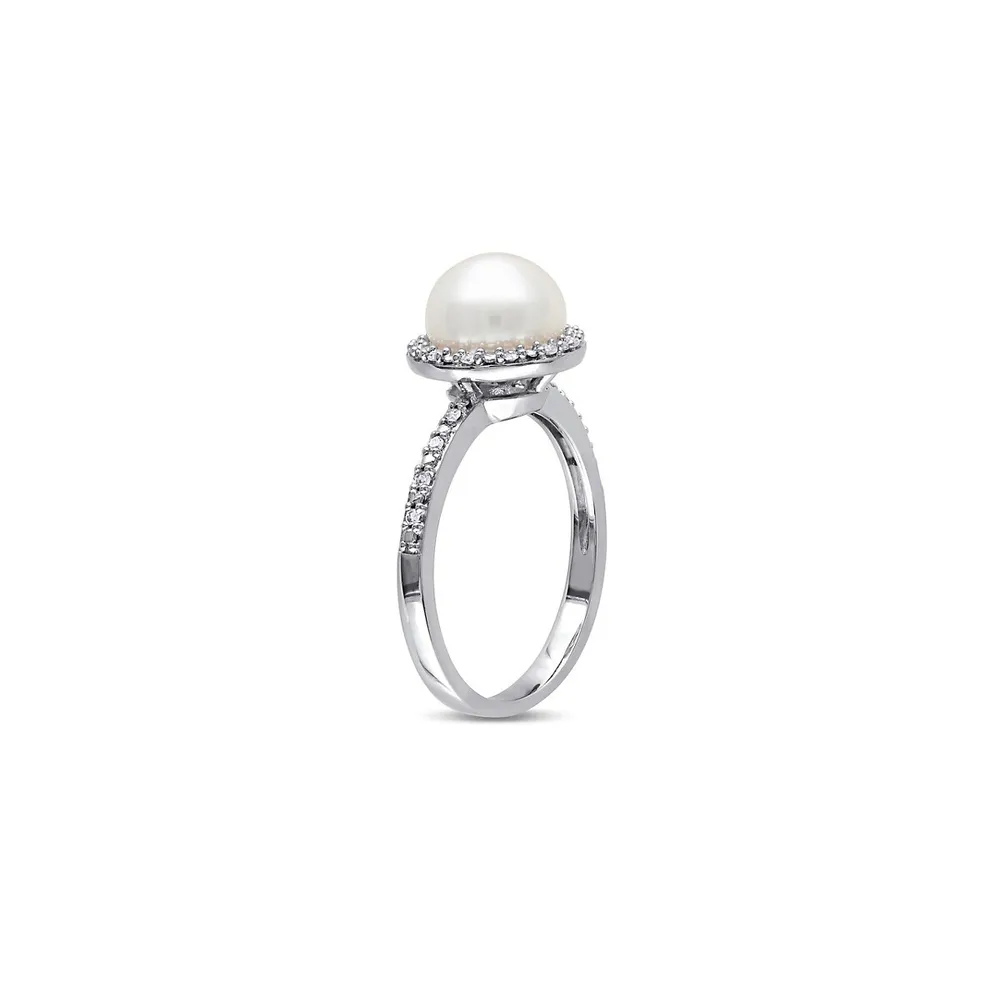 8-8.5mm White Button Freshwater Pearl and Sterling Silver Halo Ring with 0.10 CT. T.W. Diamonds