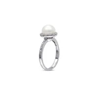 8-8.5mm White Button Freshwater Pearl and Sterling Silver Halo Ring with 0.10 CT. T.W. Diamonds