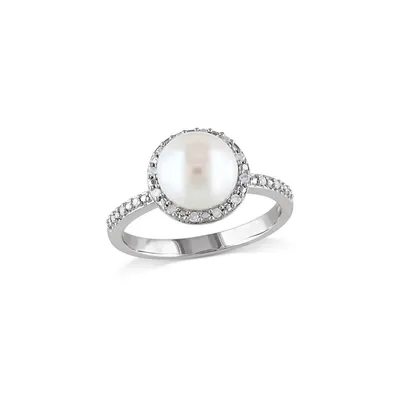 8-8.5mm White Button Freshwater Pearl and Sterling Silver Halo Ring with 0.10 CT. T.W. Diamonds