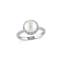 8-8.5mm White Button Freshwater Pearl and Sterling Silver Halo Ring with 0.10 CT. T.W. Diamonds