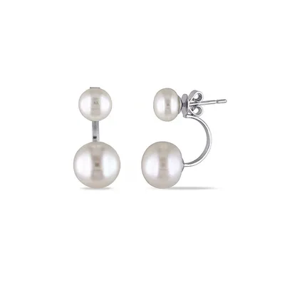 7-7.5mm and 10-10.5mm Double White Button Freshwater Pearl and Sterling Silver Earrings