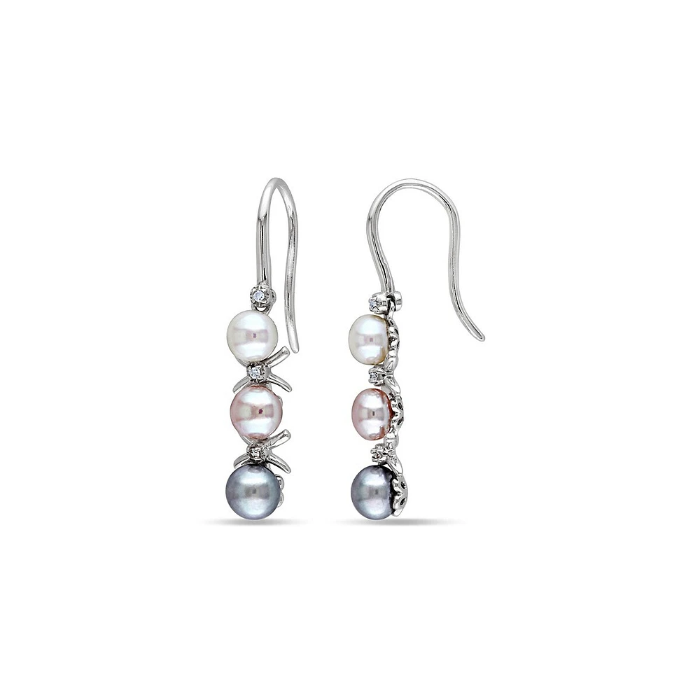 5-5.5mm Multi-Colour Cultured Freshwater Pearls Sterling Silver Dangle Earrings 0.03 CT. T.W. Diamonds