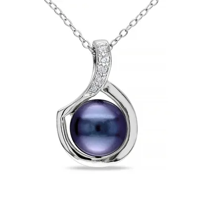 Black Button Freshwater Pearl Sterling Silver Necklace with 0.06 CT. T.W. Diamonds