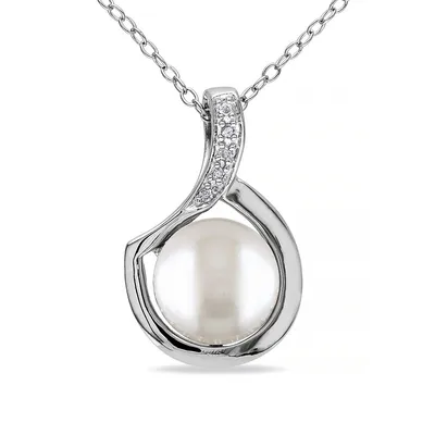 9-9.5mm White Button Freshwater Pearl Sterling Silver Necklace and 0.025 CT. T.W. Diamonds