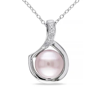 Pink Button Cultured Freshwater Pearl and Sterling Silver Pendant Necklace 0.025 CT. T.W. Diamonds