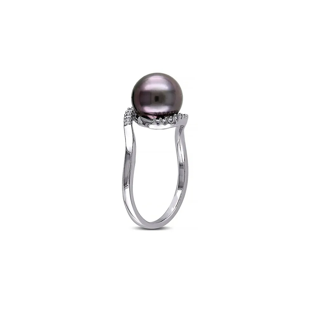 9-9.5mm Black Tahitian Cultured Pearl with 0.09 CT. T.W. Diamond Accent Sterling Silver Ring