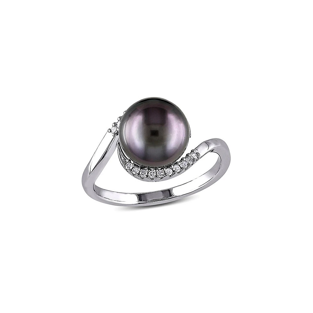 9-9.5mm Black Tahitian Cultured Pearl with 0.09 CT. T.W. Diamond Accent Sterling Silver Ring