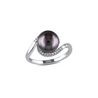 Bague en argent sterling avec perle de culture Tahiti noire (9 à 9,5 mm) et diamants (0,09 ct PT)