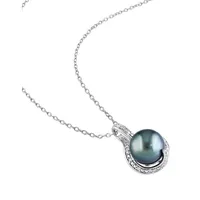 9-9.5mm Black Round Tahitian Cultured Pearl and Sterling Silver Swirl Necklace with 0.05 CT. T.W. Diamonds