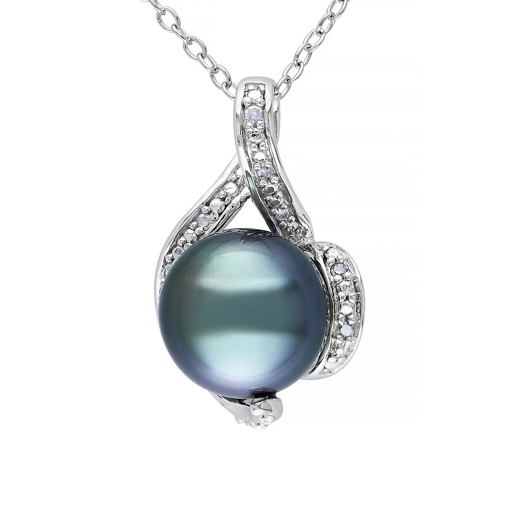 9-9.5mm Black Round Tahitian Cultured Pearl and Sterling Silver Swirl Necklace with 0.05 CT. T.W. Diamonds