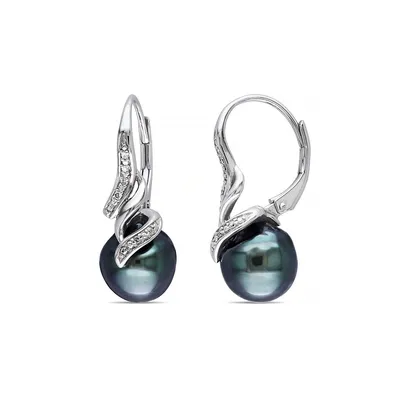 9-9.5mm Black Drop Tahitian Cultured Pearl and Sterling Silver Drop Earrings with with 0.05 CT. T.W. Diamonds