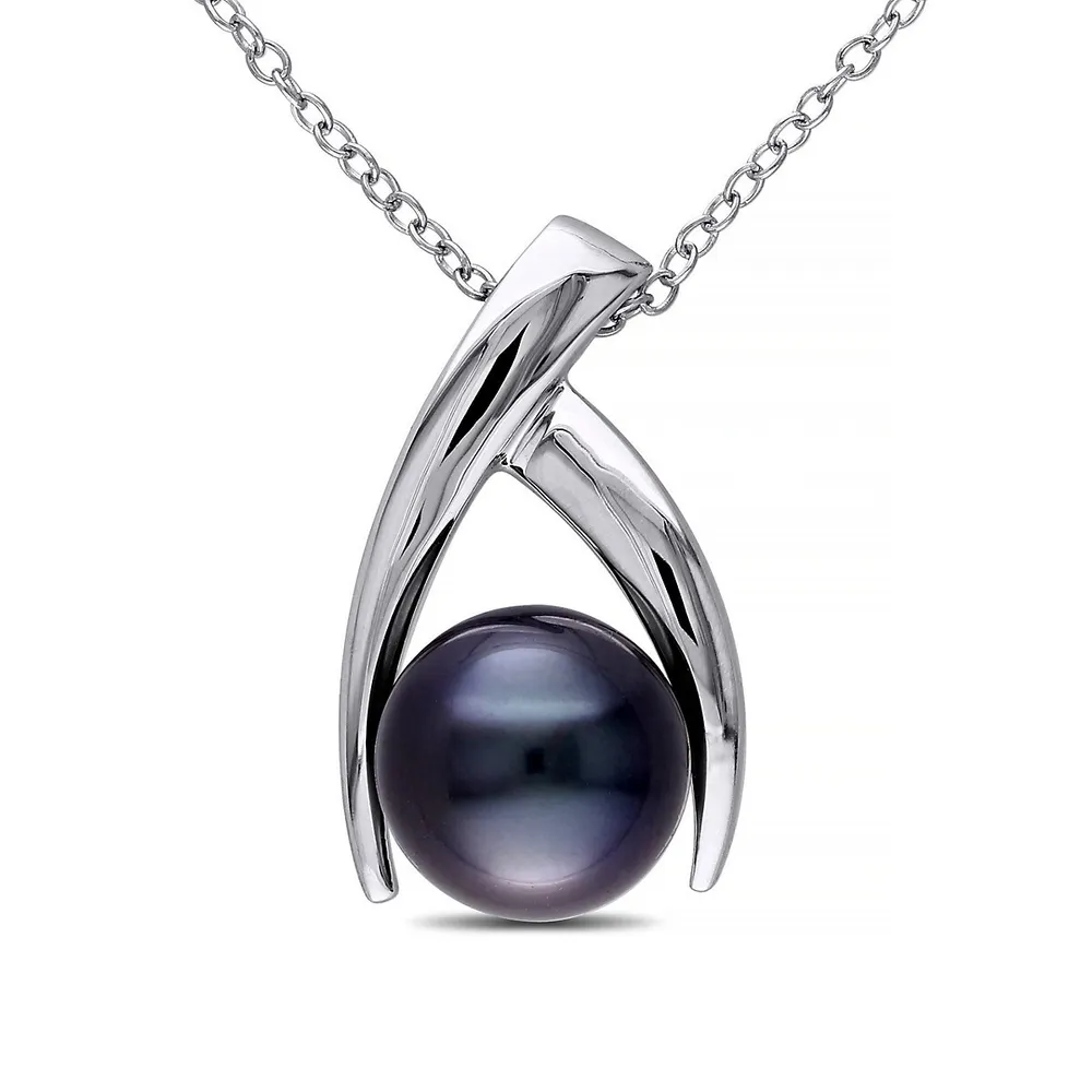 9.5-10mm Black Round Tahitian Cultured Pearl and Sterling Silver Arch Necklace