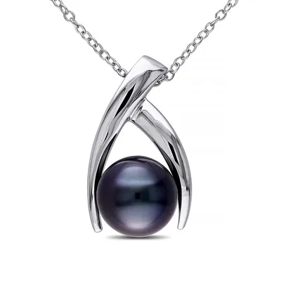 9.5-10mm Black Round Tahitian Cultured Pearl and Sterling Silver Arch Necklace