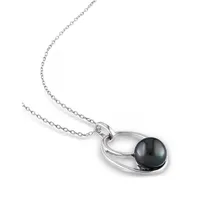 9.5-10mm Black Round Tahitian Cultured Pearl and Sterling Silver C Necklace