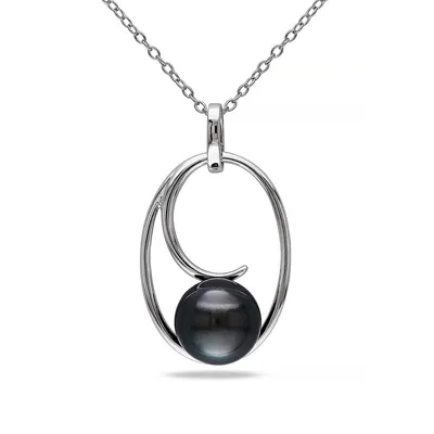 9.5-10mm Black Round Tahitian Cultured Pearl and Sterling Silver C Necklace