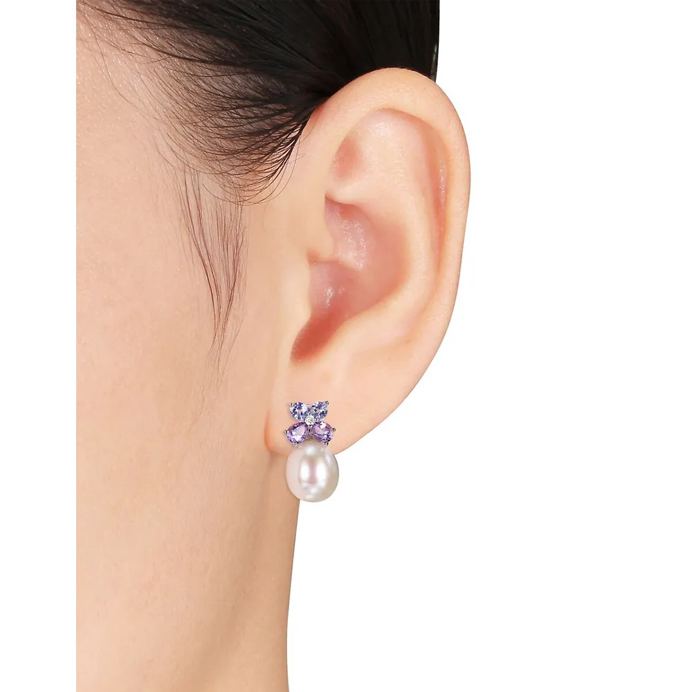 Amethyst and Tanzanite Pearl Earrings with 0.03 CT. T.W. Diamond Accent