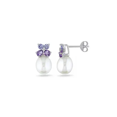 Amethyst and Tanzanite Pearl Earrings with 0.03 CT. T.W. Diamond Accent