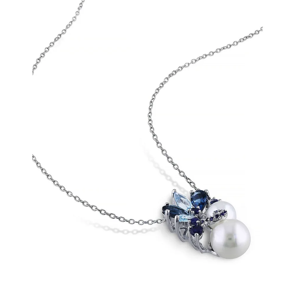 9-9.5mm White Round Freshwater Pearl Blue Topaz and Sapphire Sterling Silver Necklace