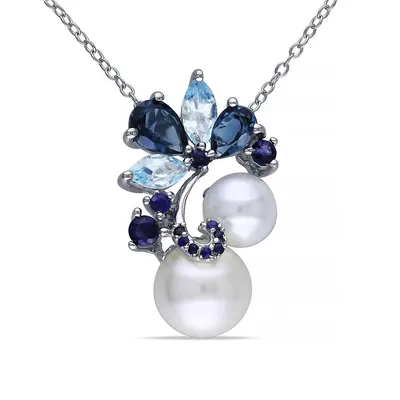 9-9.5mm White Round Freshwater Pearl Blue Topaz and Sapphire Sterling Silver Necklace
