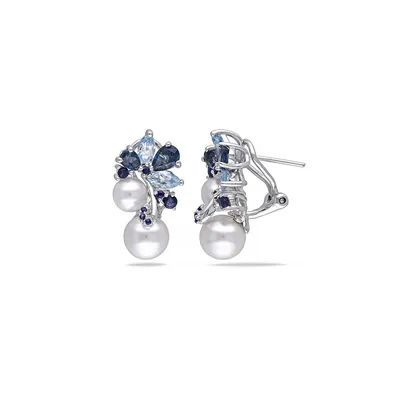 8-8.5mm White Round Cultured Freshwater Pearls Blue Topaz and Sapphire Sterling Silver Earrings