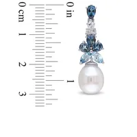 8-8.5mm White Rice Cultured Freshwater Pearl Blue and White Topaz Dangle Earrings