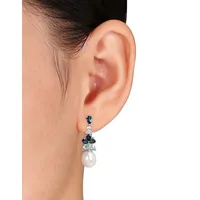 8-8.5mm White Rice Cultured Freshwater Pearl Blue and White Topaz Dangle Earrings